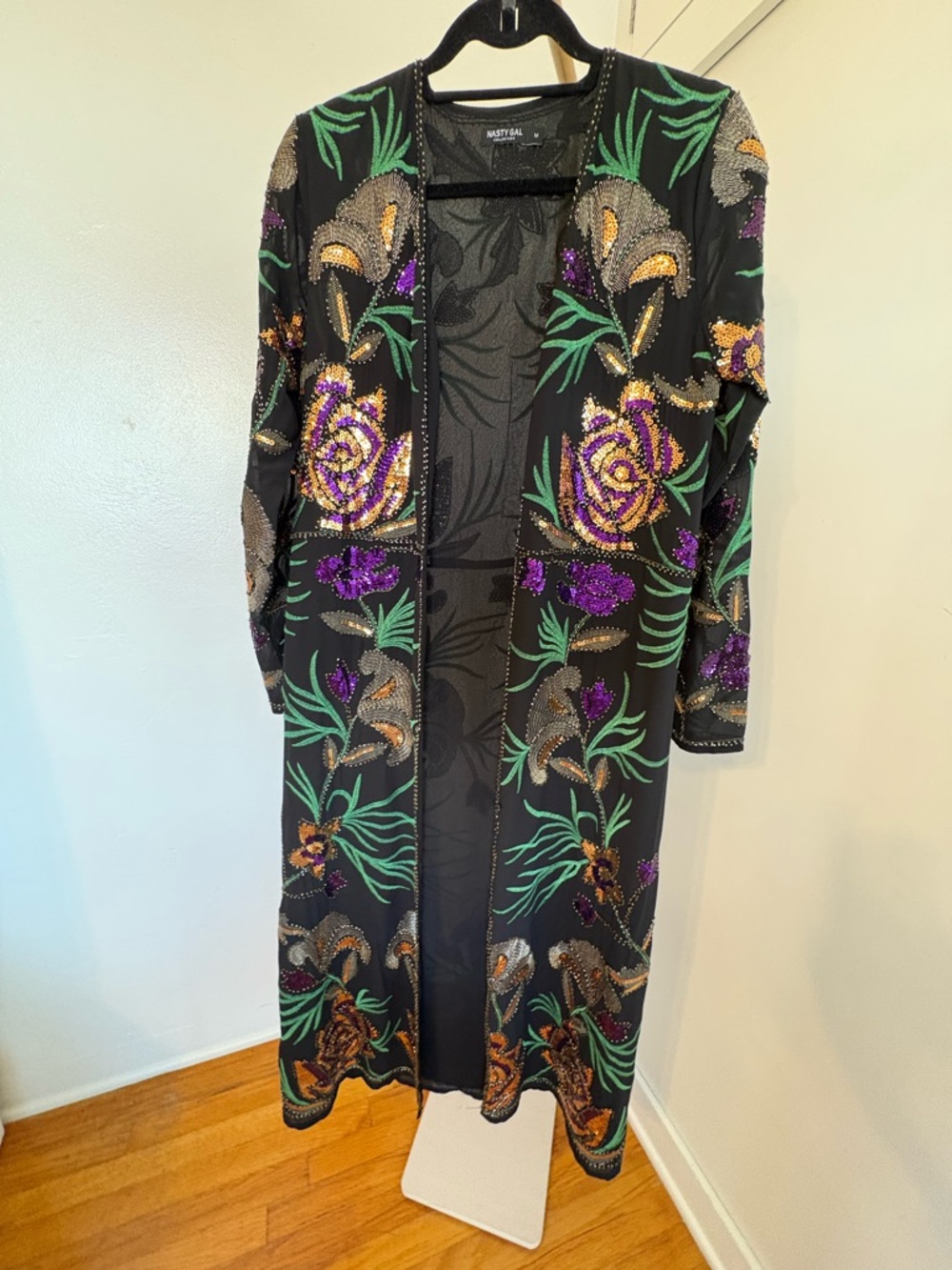 Nasty Gal Black Purple Gold Sequin Floral Long Kimono